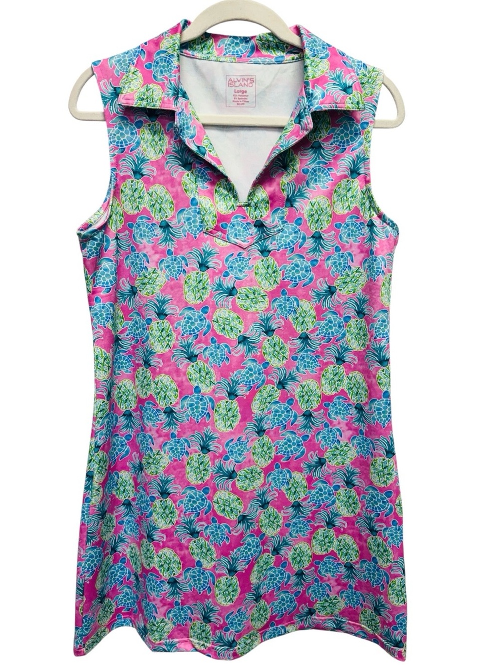 Tropical Turtle Sleeveless Polo Dress - Pink, Blue & Green Alvin’s Island Large